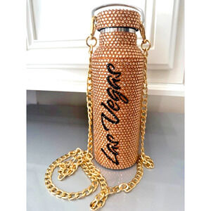 LAS VEGAS Bling Water Bottle Rhinestone Diamond Water Bottle Black & Gold Chain